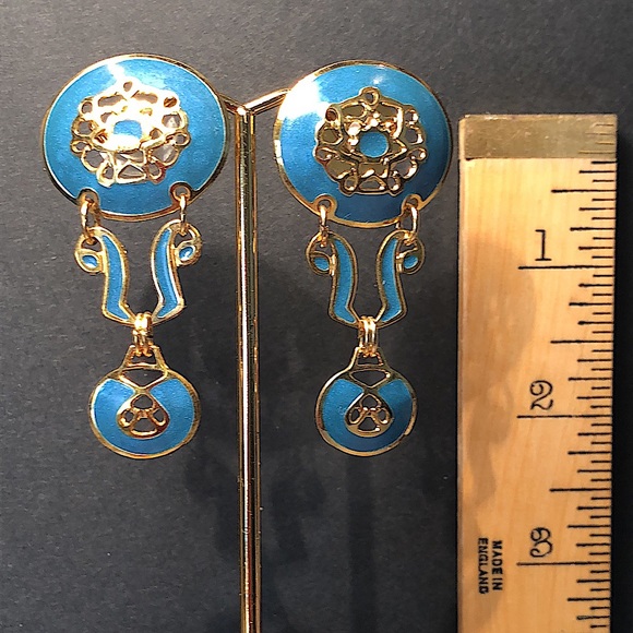 Berébi cerulean enameled pierced dangle earrings. EUC - 3” x 1” Unique Stamped - Picture 9 of 11